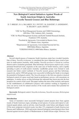 New Biological Control Initiatives Against Weeds of South American Origin in Australia: Nassella Tussock Grasses and Blue Heliotrope