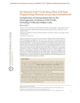 Do Memory CD4 T Cells Keep Their Cell-Type Programming: Plasticity