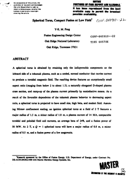 Spherical Toms, Compact Fusion at Low Field* Cdfi*F~ W Flo - '