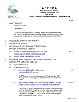 Regular Council Meeting Tuesday, January 12, 2021 @ 4:00 PM Council Chambers, 420 Leslie Avenue, Thunder Bay ON