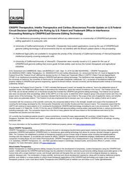 CRISPR Therapeutics, Intellia Therapeutics and Caribou Biosciences Provide Update on U.S Federal Circuit Decision Upholding the Ruling by U.S