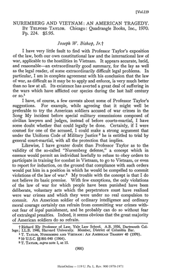 NUREMBERG and VIETNAM: an AMERICAN TRAGEDY. by TELFORD TAYLOR. Chicago: Quadrangle Books, Inc., 1970. Pp. 224. $5.95. Joseph W