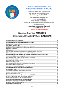 Stagione Sportiva 2019/2020 Comunicato Ufficiale N° 9 Del 03/10/2019