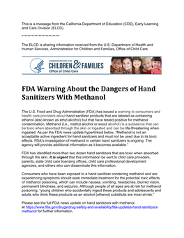 FDA Warning About the Dangers of Hand Sanitizers with Methanol