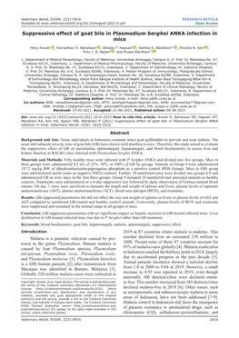 Suppressive Effect of Goat Bile in Plasmodium Berghei ANKA Infection in Mice