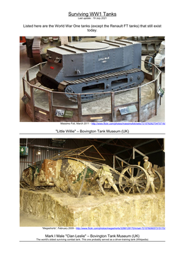 Surviving WW1 Tanks Last Update : 19 July 2021