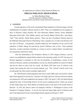 PHILLIS WHEATLEY HIGH SCHOOL by Debra Blacklock-Sloan with the Assistance of Bernice Mistrot and Presented to the Harris County Historical Commission