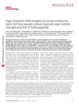 High-Resolution DNA Analysis of Human Embryonic Stem Cell Lines Reveals Culture-Induced Copy Number Changes and Loss of Heterozygosity