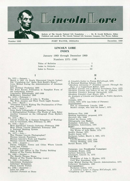 LINCOLN LORE INDEX January 1969 Through December 1969 Numbers 1571-1582 Titles of Bulletins