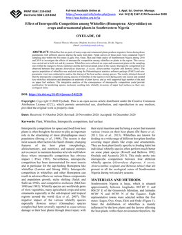 Effect of Interspecific Competition Among Whiteflies (Homoptera: Aleyrodidae) on Crops and Ornamental Plants in Southwestern Nigeria