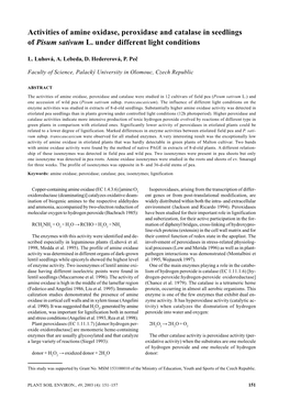 Activities of Amine Oxidase, Peroxidase and Catalase in Seedlings of Pisum Sativum L