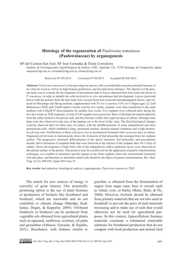 Histology of the Regeneration of Paulownia Tomentosa (Paulowniaceae) by Organogenesis