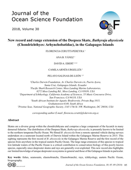 New Record and Range Extension of the Deepsea Skate, Bathyraja Abyssicola (Chondrichthyes: Arhynchobatidae), in the Galapagos Islands