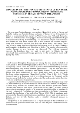 Changes in Distribution and Pest Status of Yew Scale Parthenolecanium Pomeranicum (Hemiptera: Coccidae) in Britain Between 1944 and 2010