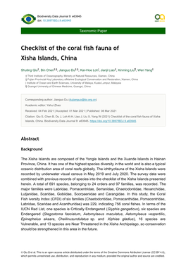 Checklist of the Coral Fish Fauna of Xisha Islands, China