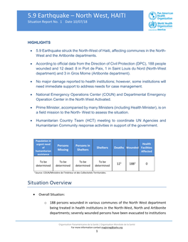 5.9 Earthquake – North West, HAITI Situation Report No