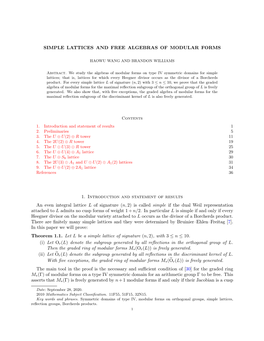SIMPLE LATTICES and FREE ALGEBRAS of MODULAR FORMS 1. Introduction and Statement of Results an Even Integral Lattice L of Signat