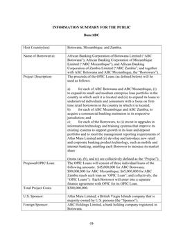 INFORMATION SUMMARY for the PUBLIC Bancabc Host Country(Ies