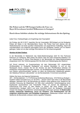 Die Polizei Und Der Vfb Stuttgart Heißen Die Fans Von Bayer 04 Leverkusen Herzlich Willkommen in Stuttgart!