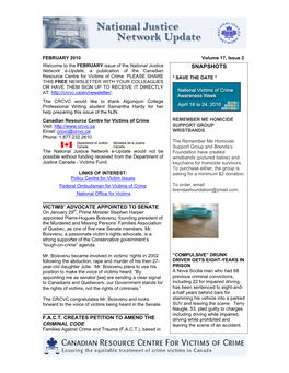 SNAPSHOTS Network E-Update, a Publication of the Canadian Resource Centre for Victims of Crime