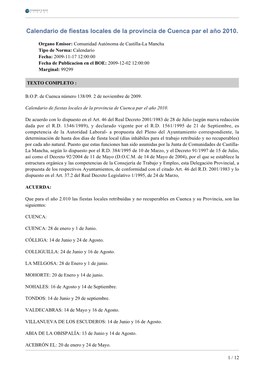 Calendario De Fiestas Locales De La Provincia De Cuenca Par El Año 2010