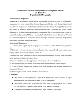 “Potential for Tourism Development in Aurangabad District” Dr. Tathe S.V. Department of Geography