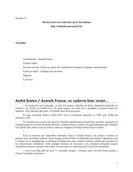 André Breton / Anatole France: Un Cadavre Bien Vivant... « Au Hasard De Mes Recherches, Je Relis Un Cadavre (Neuilly-Sur-Seine, Imprimerie Spéciale Du Cadavre, S.D