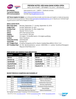 Preview Notes: Keb Hana Bank Korea Open Seoul, South Korea | September 17-23, 2018 | Usd $250,000