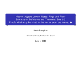 Rings and Fields Summary of Definitions and Theorems: Sets 1-9