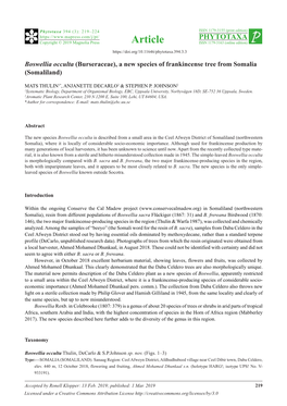 Boswellia Occulta (Burseraceae), a New Species of Frankincense Tree from Somalia (Somaliland)