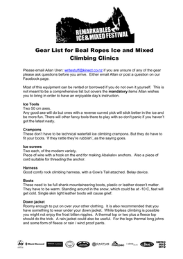 Gear List for Beal Ropes Ice and Mixed Climbing Clinics