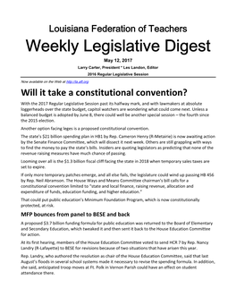 Weekly Legislative Digest May 12, 2017 Larry Carter, President * Les Landon, Editor 2016 Regular Legislative Session