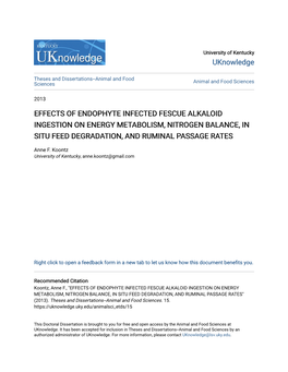 Effects of Endophyte Infected Fescue Alkaloid Ingestion on Energy Metabolism, Nitrogen Balance, in Situ Feed Degradation, and Ruminal Passage Rates