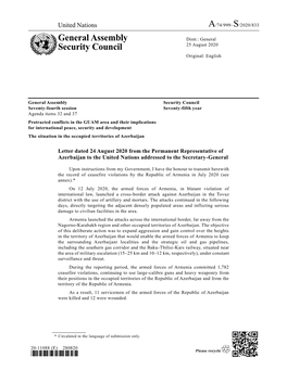 Letter Dated 24 August 2020 from the Permanent Representative of Azerbaijan to the United Nations Addressed to the Secretary-General