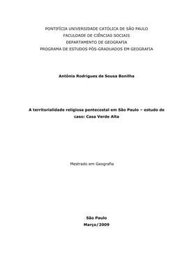 Pontifícia Universidade Católica De São Paulo Faculdade De Ciências Sociais Departamento De Geografia Programa De Estudos Pós-Graduados Em Geografia