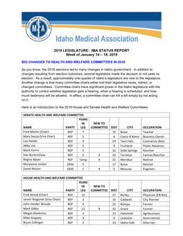 2019 LEGISLATURE: IMA STATUS REPORT Week of January 14 – 18, 2019