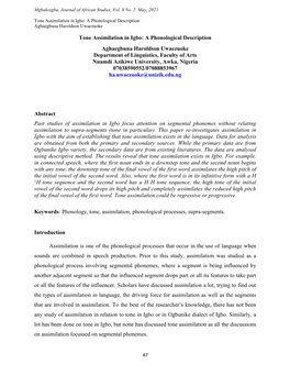 Tone Assimilation in Igbo: a Phonological Description Aghaegbuna Haroldson Uwaezuoke