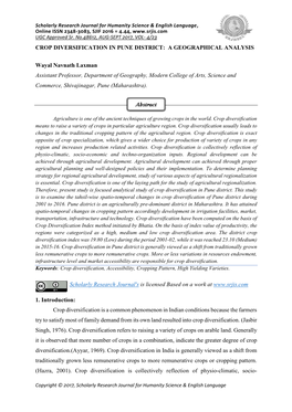 Crop Diversification in Pune District: a Geographical Analysis