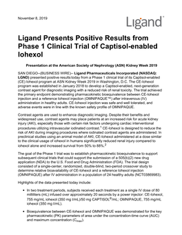 Ligand Presents Positive Results from Phase 1 Clinical Trial of Captisol-Enabled Iohexol