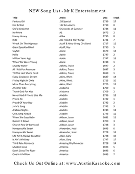 NEW Song List - Mr K Entertainment