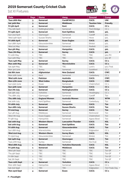 2019 Somerset County Cricket Club 1St XI Fixtures