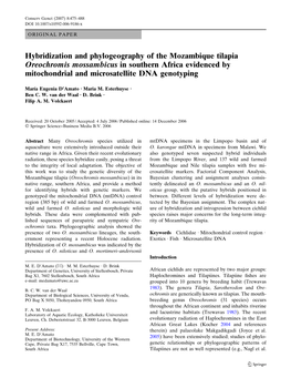 Hybridization and Phylogeography of the Mozambique Tilapia Oreochromis Mossambicus in Southern Africa Evidenced by Mitochondrial and Microsatellite DNA Genotyping