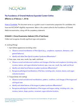 The Foundations of Oriental Medicine Expanded Content Outline (Effective As of February 1, 2014)