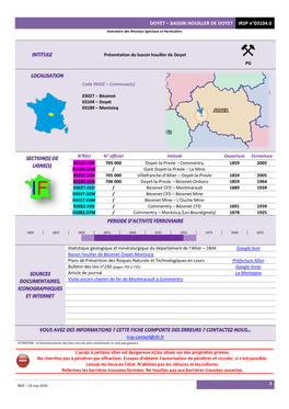 BASSIN HOUILLER DE DOYET IRSP N°03104.0 Inventaire Des Réseaux Spéciaux Et Particuliers