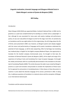 Linguistic Motivation, Dramatic Language and Glasgow-Inflected Scots in Edwin Morgan's Version of Cyrano De Bergerac (1992)