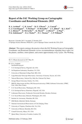 Report of the IAU Working Group on Cartographic Coordinates and Rotational Elements: 2015