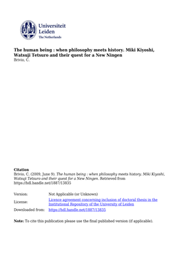 The Human Being: When Philosophy Meets History. Miki Kiyoshi, Watsuji