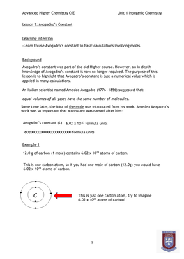 Advanced Higher Chemistry Cfe Unit 1 Inorganic Chemistry Lesson 1: Avogadro's Constant Learning Intention