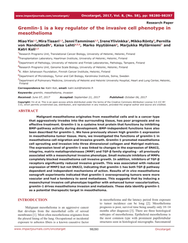 Gremlin-1 Is a Key Regulator of the Invasive Cell Phenotype in Mesothelioma