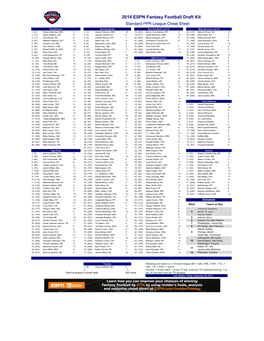 2014 ESPN Fantasy Football Draft Kit Standard PPR League Cheat Sheet